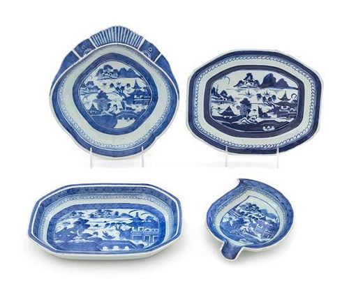 A Group of Four Canton Blue and White Serving Dishes Width of largest 10 inches.