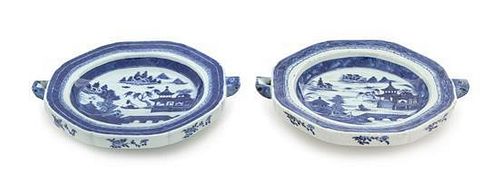 Two Canton Blue and White Warming Dishes Width of each 10 5/8 inches.