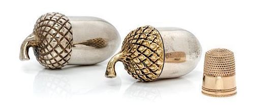 * An American 14-Karat Gold Thimble and Acorn-Form Case, Tiffany & Co., New York, NY, the thimble having a dimpled top and bo