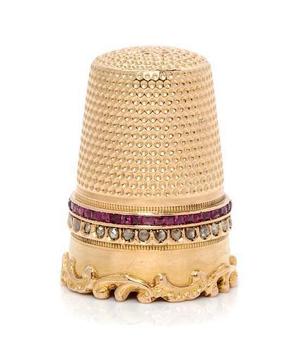 * A Continental 18-Karat Yellow Gold and Gem Thimble, , the knurled top and body above a double band inset with rubies and di