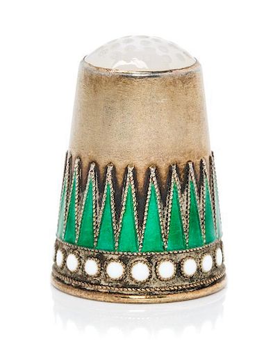 * A Norwegian Silver-Gilt and Enamel Thimble, Marius Hammer, Bergen, Late 19th Century, the hardstone inset top above a body