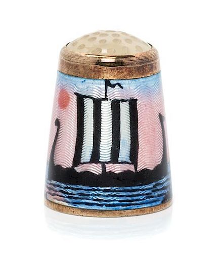 * A Norwegian Silver and Enamel Thimble, Aksel Holmsen, Sandefjord, 20th Century, the hardstone inset top above a guilloche e