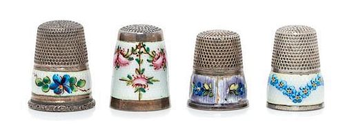 * A Group of Four Continental Silver and Enamel Thimbles, Various Makers, each having a knurled top above an enamel decorated