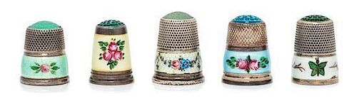 * A Collection of Five Continental Silver and Enamel Thimbles, Various Makers, each having a hardstone or glass top and a knu