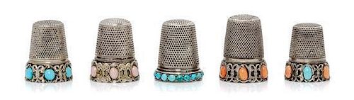* A Group of Five Continental Silver and Stone Thimbles, Various Makers, each having a knurled top and body, two examples wit