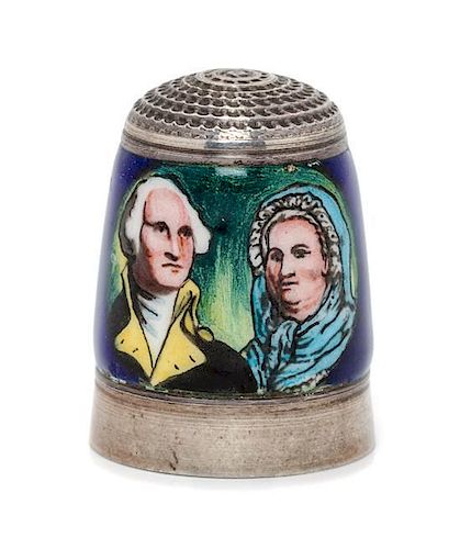* An English Silver and Enamel Thimble, Joseph Swan & Sons, Birmingham, 1973, the knurled top above an enamel band depicting 