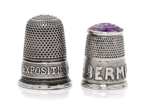* Two Commemorative Silver Thimbles, , comprising an English Sterling example with an inset hardstone top and a band marked B