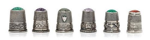 * Six Silver and Hardstone Inset Thimbles, , comprising an example with an amethyst inset top above a band having a star moti