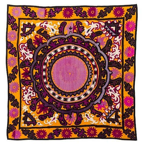 A Jizzak Suzani Embroidery 5 feet 1 1/2 inches x 5 feet 3 inches.