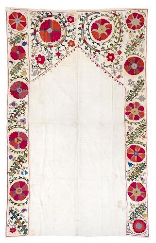 A Bokhara Prayer Arch Suzani Embroidery 7 feet 8 inches x 4 feet 9 1/4 inches.