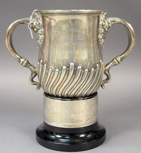 Bigelow Kennard sterling silver handled trophy mug on base, Sewanhaka Memorial Trophy, marked on bottom Bigelow Kennard & Co.
