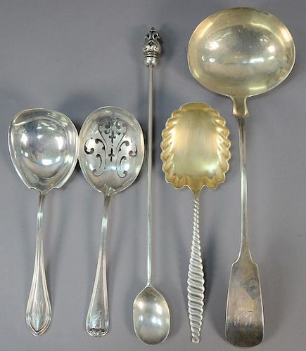Five piece silver serving piece lot including one coin silver ladle. 
lg. 9in. to lg. 12in. 
14.7 troy ounces