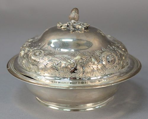 Silver butter dish with repousse cover and acorn top interior with liner tray marked Ball Black & Co. N.Y. (dent on edge of t