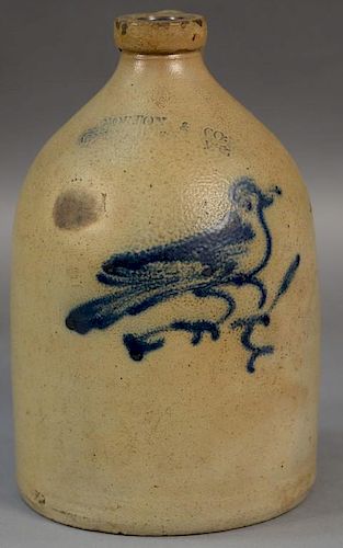 Stoneware jug, Norton & Co. with cobalt blue bird (minor chips).  ht. 11in. Provenance:  Estate of Arthur C. Pinto, MD