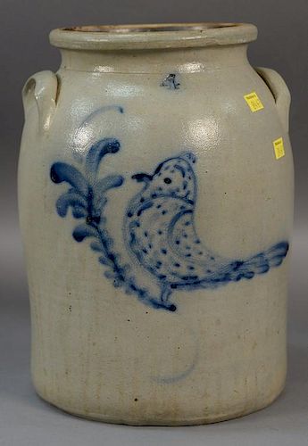 Stoneware crock, four gallon with spotted cobalt blue bird with long tail and flower.  ht. 14in. Provenance:  Estate of Arthu