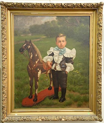 19th Century 
oil on canvas 
Portrait of Young Boy Wearing Blue Boy with Toy Pull Horse 
initialed and dated lower right: KS 