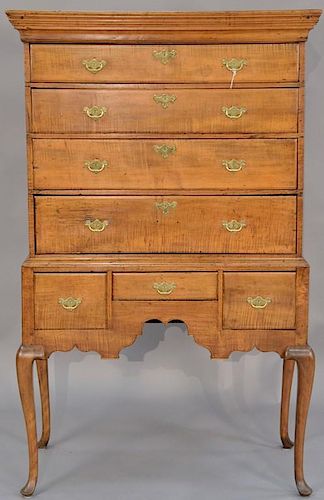 Queen Anne Highboy in two parts, maple and tiger maple upper section with cornice molded top over four drawers on lower secti