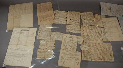 Approximately eight early documents including 1824 W. Titus Adams of Brooklyn Ct estate inventory, land deeds, ledger page, 1