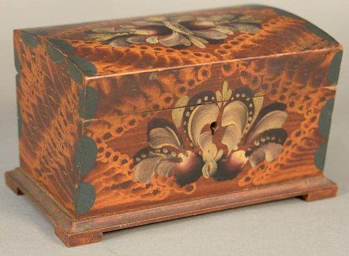 Miniature domed lift top box having smoke decorated design and painted flower panel top and front.  ht. 3 3/4in., wd. 6in. Pr