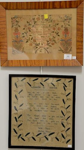 Three framed pieces to include Fractur with Flowers in Urn and Flower Wreath 7 1/2" x 12" and two poem needlework samplers "A
