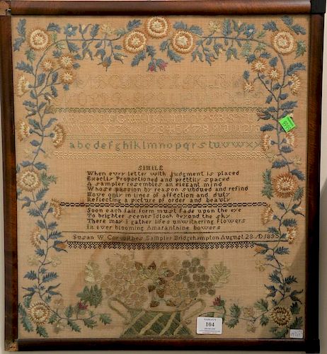 19th century needlework sampler "Susan W. Corwithes sampler Bridgehampton August 28 1835", alphabet and "Smile" poem above ba