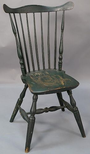 Windsor fanback side chair on bold turned legs, now in old green paint.  ht. 40in., seat ht. 18 1/2in. Provenance:  Estate of