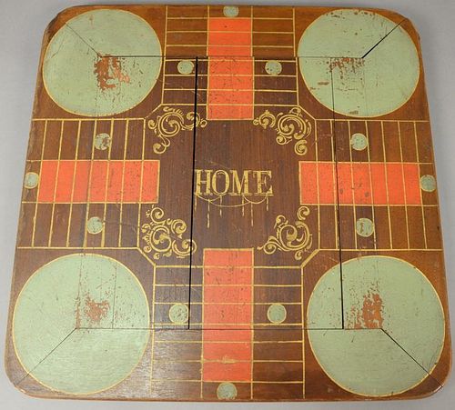 Game board Parcheesi on one side and inlaid chess underside.  18" x 18"