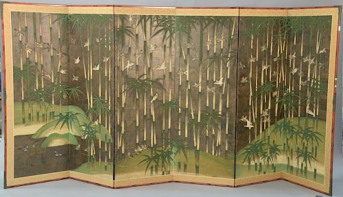 Six panel folding screen depicting sparrows flying amongst bamboo trees, Edo Period, 19th century, ink and color on silver le