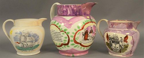 Three soft paste pitchers, large Sailors Fairwell.  largest ht. 8 1/2in.  Provenance:  Estate of Arthur C. Pinto, MD