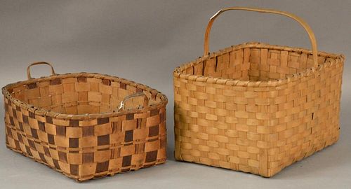 Two rectangular splint Indian baskets, one paint decorated with two handles and one with single handle signed: Made by Joe Kn
