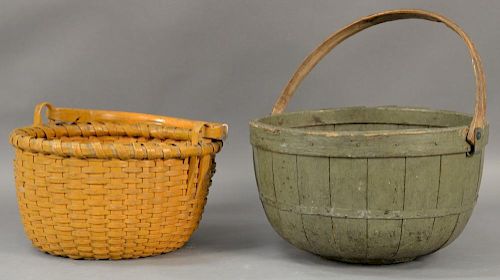 Two piece lot including splint basket with swing handle and a wood basket with replaced handle.  size without handles ht. 7 3