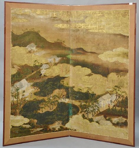 Large painted folding two-panel screen depicting mountainous cloudy landscape, signed Medge 18th-19th century. 
ht. 68 1/2in.