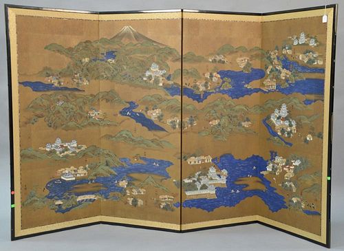 Painted folding four-panel screen depicting various stops on the Tokaido Highway including Fuji-Yama, Tokyo, and Kyoto, 19th/