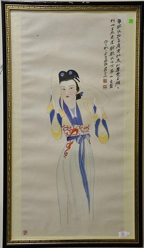 Two Oriental framed scrolls including watercolor on paper with praying mantis and a contemporary watercolor of a Guanyin danc