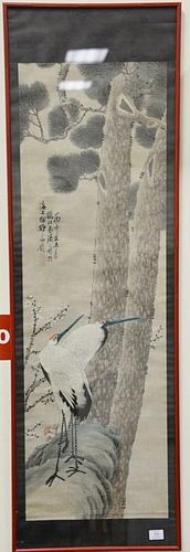 Framed Oriental scroll watercolor on paper, two cranes next to blossoming tree and tall pines, signed and seal mark left side