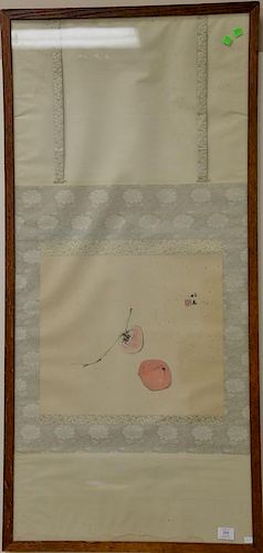 Oriental framed scroll watercolor on paper of peaches, signed and seal mark top right. 
50" x 23"