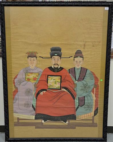 Large framed Chinese watercolor on paper, portrait paintings of three seated figures, scholar with two women.  sight size 58 