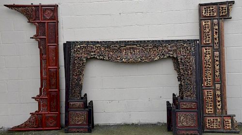 Four 19th century Chinese lacquered carved panels for opium or wedding bed frame, black, red, and gilt decorated with carved 