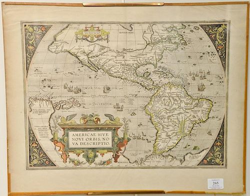 Abraham Ortelius (1527-1598) 
double page hand colored engraved map 
Western Hemisphere 
Americae Sive Novi Orbis, Nova Descr