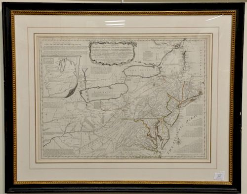 Lewis Evans and Thomas Jeffreys  hand colored outlined double page engraved map  A General Map of the Middle British Colonies
