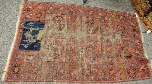 Unusual Bokhara Oriental throw rug with mosque flying two flags at top (wear). 
3' x 5'