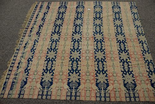 Woven coverlet, blue, pink, green, and white with repeating bird border, signed Andre Kump Hanover 1838 B. Eckert (faded).  7