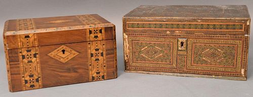 Two lift top boxes to include one Persian and one inlaid sewing box, 19th century (some imperfections). 
Persian: ht. 6in., t