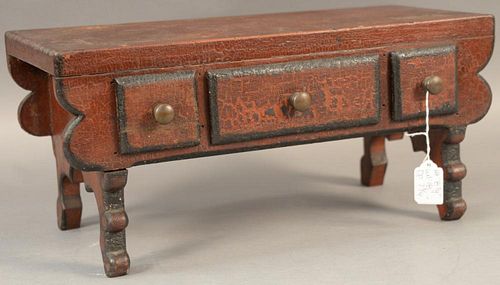 Federal diminutive stand having rectangular top of three drawers on carved legs and ends, in old red and black paint.  ht. 8 