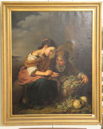 Pair of 19th Century Paintings  oil on canvas  Boys Eating Fruit and Boy and Girl Sharing Grapes  each written on bottom: Cop