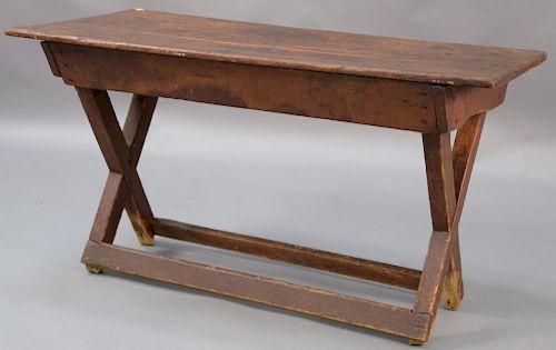 Primitive table with sawbuck base.  ht. 25in., top: 21" x 48" Provenance:  Estate of Arthur C. Pinto, MD
