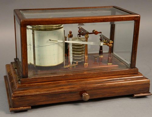 Antique English carved mahogany barograph made by Negretti and zambra, London registration number 2919, the instrument encase