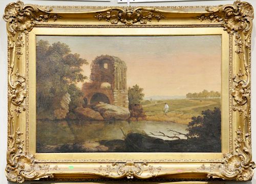 Attributed to Richard Wilson (1714-1782) 
oil on canvas 
Idyllic Landscape with Ruins 
unsigned 
Michele Setton Fine Art labe
