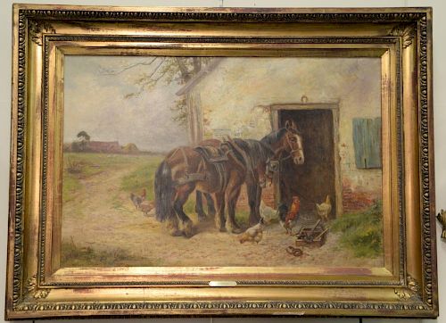 Oil on canvas 
Barnyard with Two Working Horses and Chickens 
with attribution to J.F. Herring 
24" x 36"