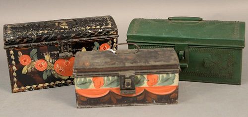 Three tole or tin lift top boxes, two painted with flowers.  lg. 7in., lg. 8 1/2in., and lg. 8 1/2in. Provenance:  Estate of 
